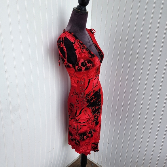 E. Gen Red Black Stretch Swim Cover Up Women's Print Dress Tie Shoulder Sz S - Picture 4 of 15